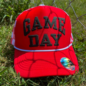 Game Day Puff Checkered Mesh Back Trucker Hat-Red/White