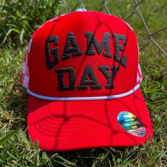 Game Day Puff Checkered Mesh Back Trucker Hat-Red/White