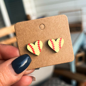 Wooden Softball Heart Studs