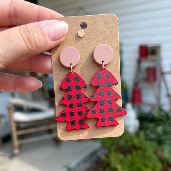 Red Plaid Polymer Tree Earrings