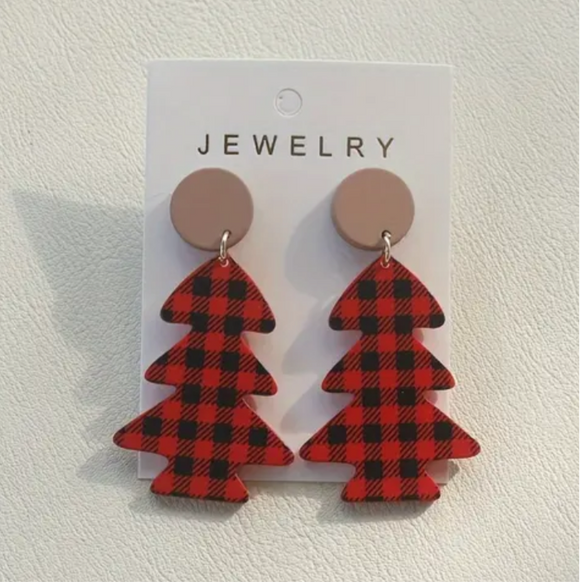 Red Plaid Polymer Tree Earrings