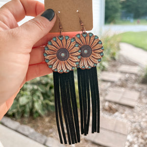 Leather Tooled Sunflower Earrings