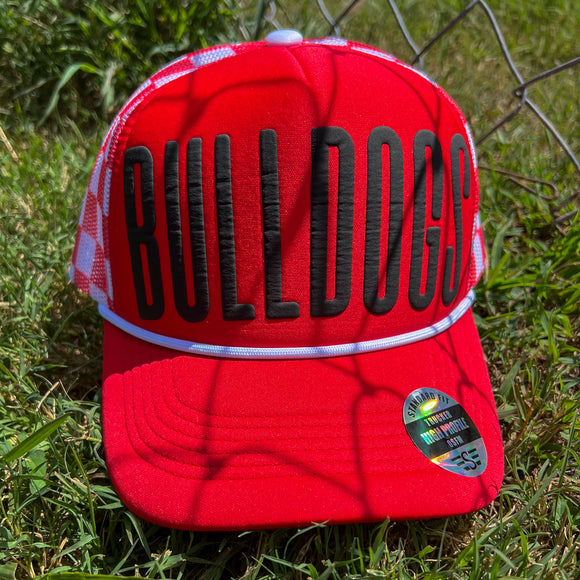 Bulldogs Puff Checkered Mesh Back Trucker Hat-Red/White