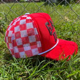 Game Day Puff Checkered Mesh Back Trucker Hat-Red/White