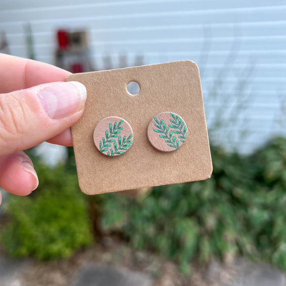 Leaf Branch Wooden Stud Earrings