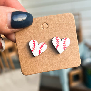 Wooden Baseball Heart Studs