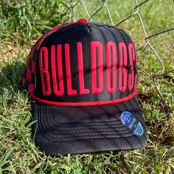 Bulldogs Puff Checkered Mesh Back Trucker Hat-Red/Black