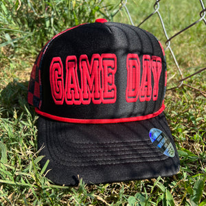 Game Day Puff Checkered Mesh Back Trucker Hat-Red/Black