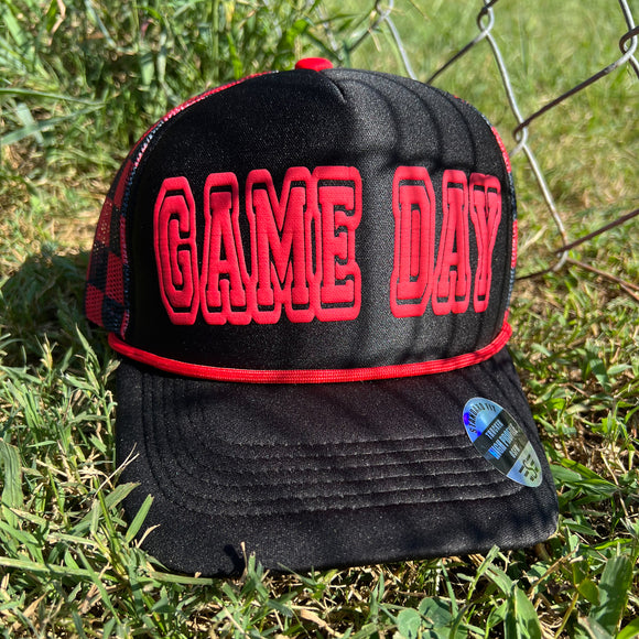 Game Day Puff Checkered Mesh Back Trucker Hat-Red/Black