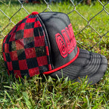 Game Day Puff Checkered Mesh Back Trucker Hat-Red/Black