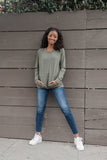 Olive French Terry Round Neck Long Sleeve Pocket Pullover