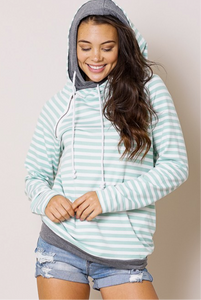 Double Hood Striped Pullover Sage