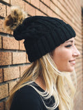 Cable Knit Beanie with Fur Pom Pom (Multiple Colors)